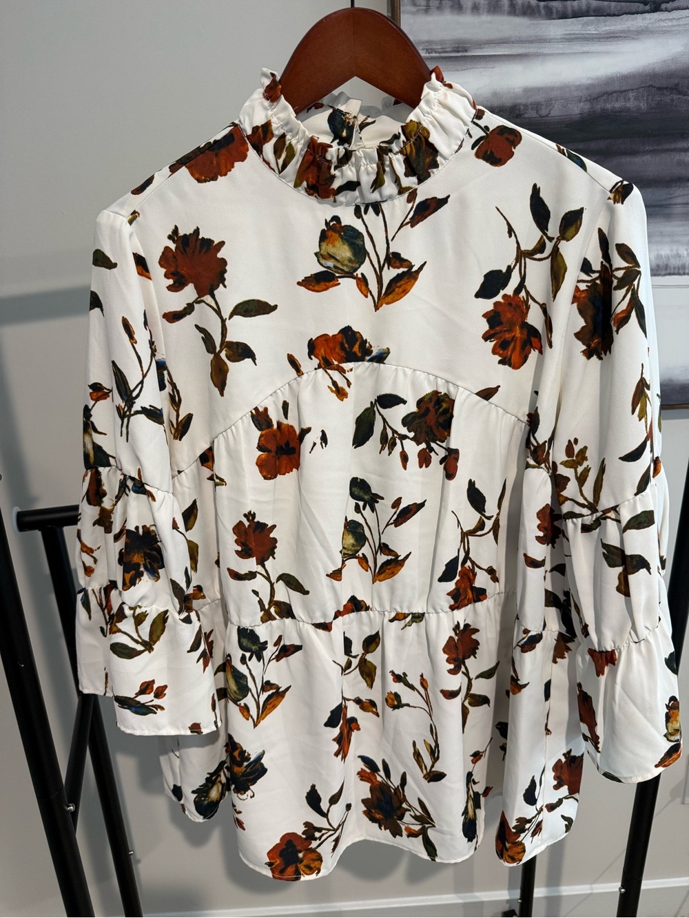 White Floral Ruffle Neck Blouse - Women's